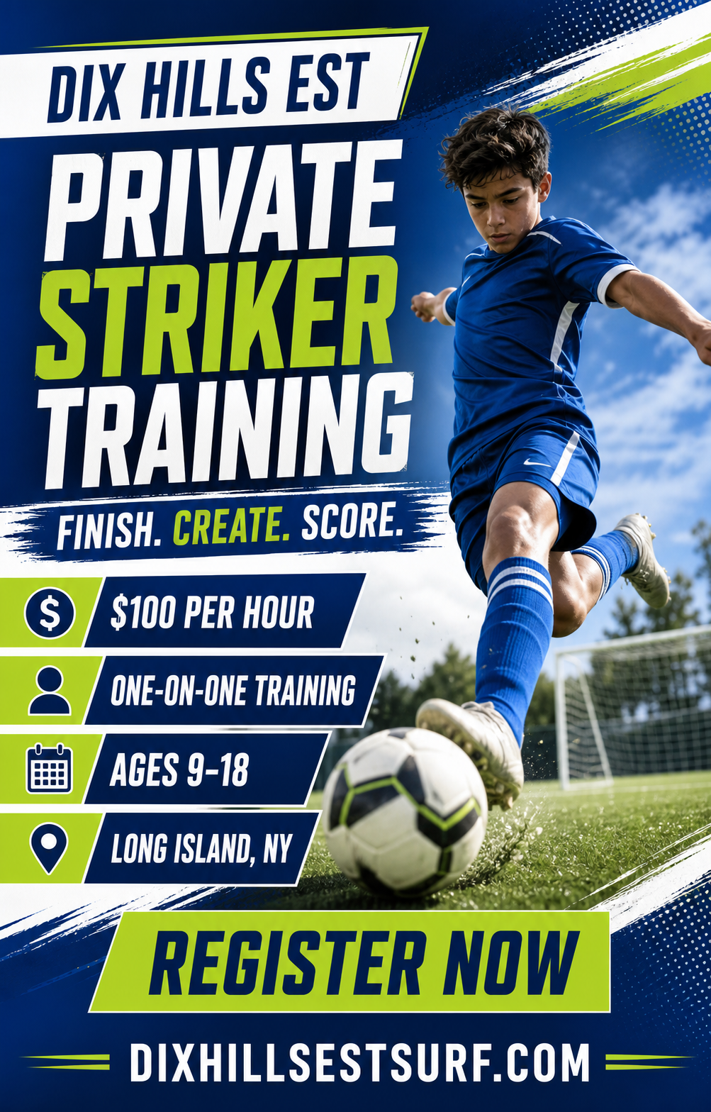 Dix Hills EST private striker training, $100 per hour, one-on-one training, ages 9–18